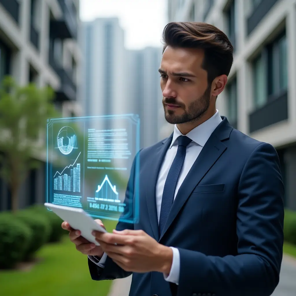 Ultra-realistic condominium manager in a navy suit, set in a modern luxury condominium environment with high-rise buildings and manicured green landscaping, analyzing a holographic financial report with floating charts and icons representing digital balancetes, confident and focused expression, cinematic lighting, shallow depth of field, highly detailed textures, realistic skin, photographic realism, 8k resolution --ar 1:1 --v 6