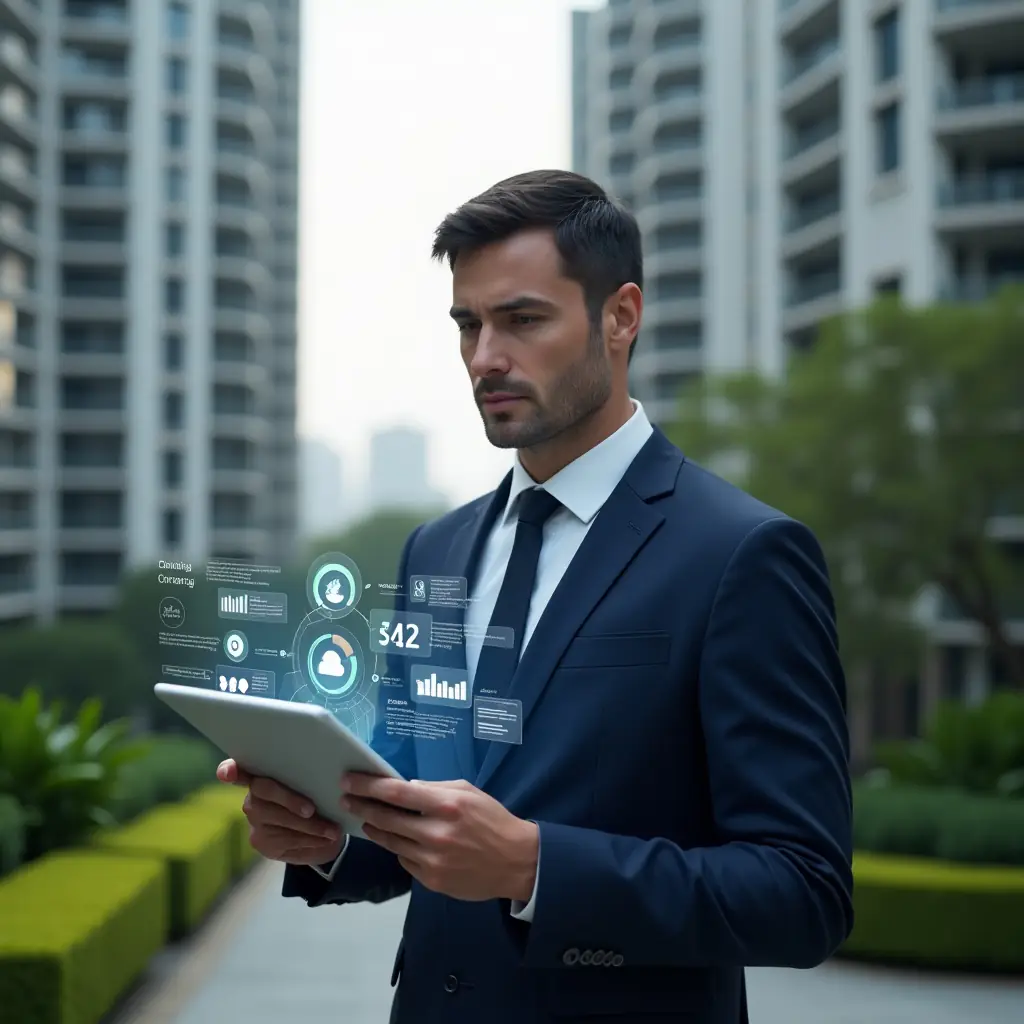 (Ultra-realistic condominium manager in a navy business suit, set in a modern luxury condominium environment with high-rise buildings and manicured green gardens, holding a digital tablet displaying holographic warning icons and analytics charts, analyzing data with a thoughtful, confident expression, cinematic lighting, shallow depth of field, highly detailed textures, realistic skin, photographic realism, 8k resolution --ar 1:1 --v 6)