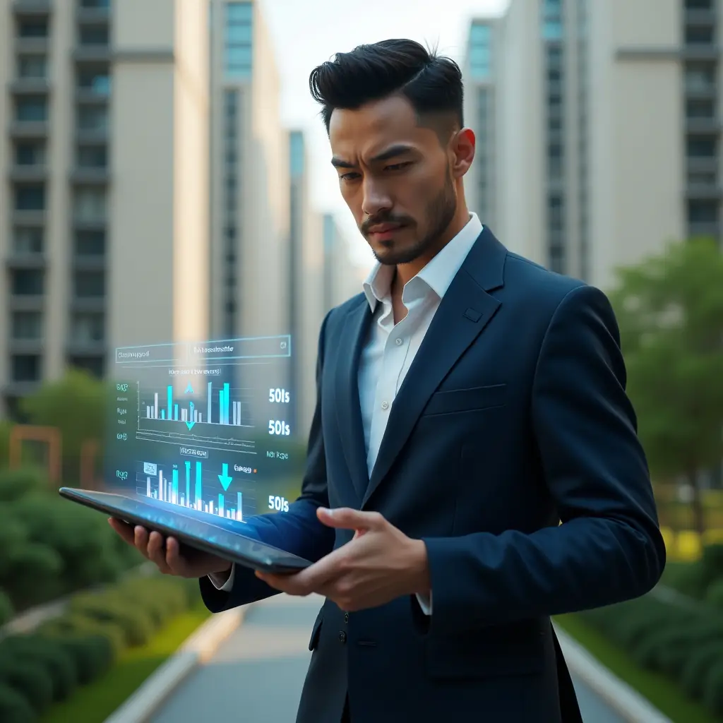 (Ultra-realistic condominium manager in a tailored navy suit, set in a modern luxury condominium environment with high-rise buildings and lush green landscaping, holding a digital tablet displaying holographic budget charts and cost-reduction icons, confident and focused expression, cinematic lighting, shallow depth of field, highly detailed textures, realistic skin, photographic realism, 8k resolution --ar 1:1 --v 6)