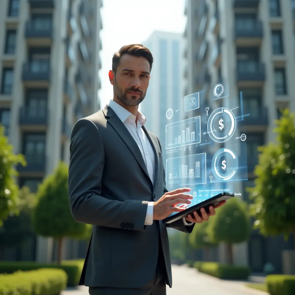 Ultra-realistic condominium manager in a charcoal gray suit, set in a modern luxury condominium environment with high-rise buildings and meticulously landscaped greenery, holding a transparent tablet displaying holographic expense breakdown charts and budget forecasts, looking focused and confident, with floating icons of maintenance tools, energy meters and dollar symbols around, cinematic lighting, shallow depth of field, highly detailed textures, realistic skin, photographic realism, 8k resolution --ar 1:1 --v 6
