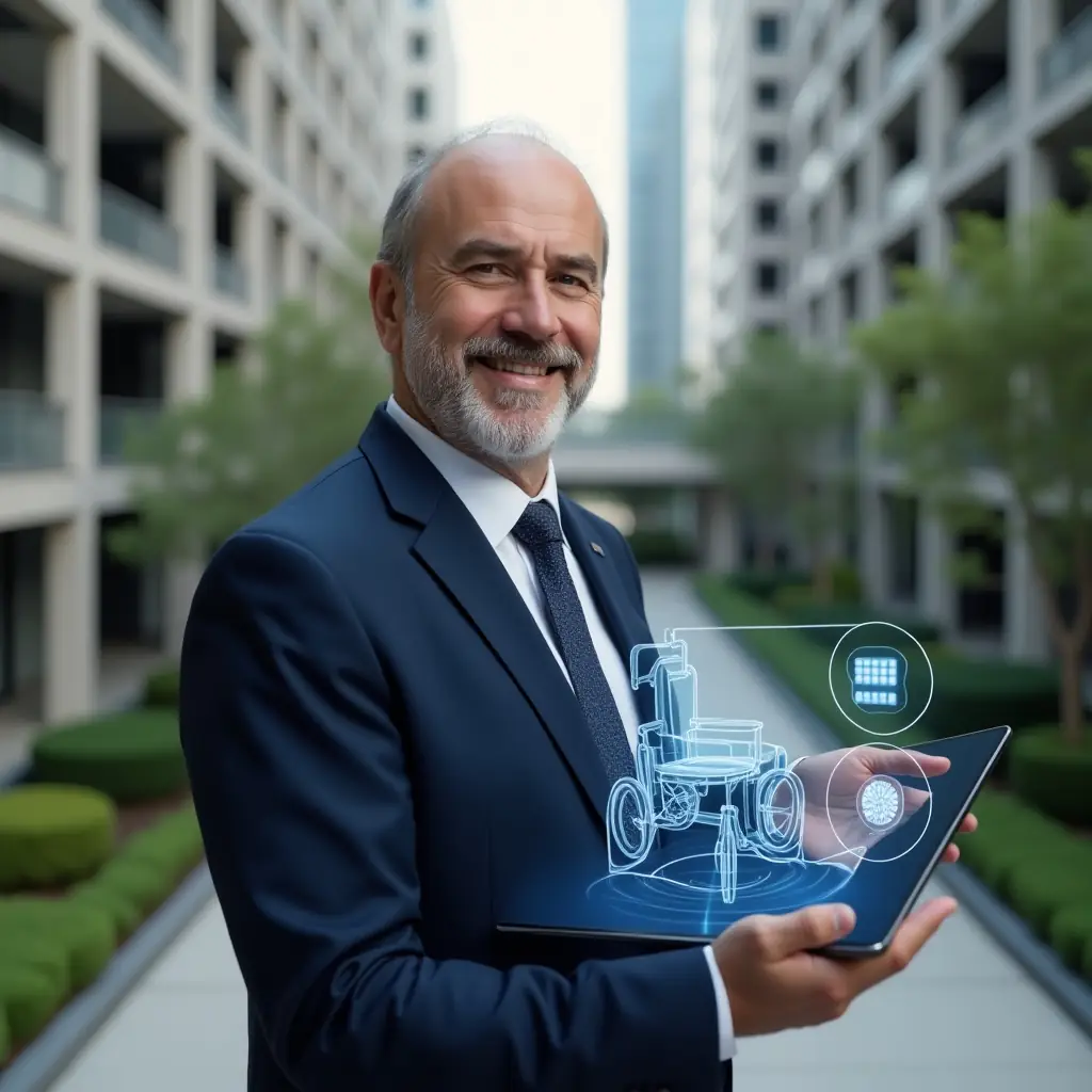 (Ultra-realistic condominium manager in a navy blue executive suit, set in a modern luxury condominium environment with high-rise buildings and green landscaping, holding a digital tablet displaying a holographic wheelchair and Braille icons, gesturing toward an accessible ramp in the background, confident and welcoming expression, cinematic lighting, shallow depth of field, highly detailed textures, realistic skin, photographic realism, 8k resolution --ar 1:1 --v 6)