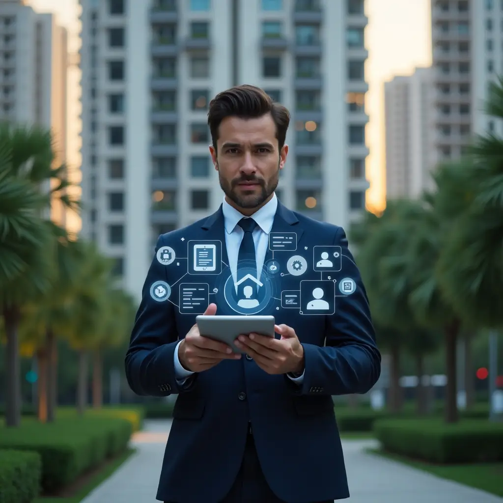 Ultra-realistic condominium manager in a navy tailored suit, set in a modern luxury condominium environment with high-rise buildings and lush green landscaping, holding a tablet and interacting with floating holographic icons that represent messaging, reservations, and financial dashboards, confident and focused expression, cinematic lighting, shallow depth of field, highly detailed textures, realistic skin, photographic realism, 8k resolution --ar 1:1 --v 6