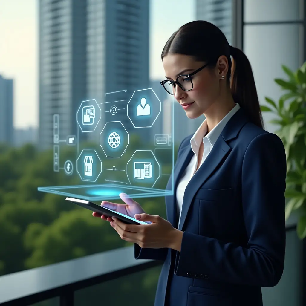 (Ultra-realistic condominium manager in a navy blue executive suit using a tablet, set in a modern luxury condominium environment with high-rise buildings and lush green landscaping, confidently interacting with floating holographic app icons and digital charts symbolizing streamlined tasks and resident communication, cinematic lighting, shallow depth of field, highly detailed textures, realistic skin, photographic realism, 8k resolution --ar 1:1 --v 6)