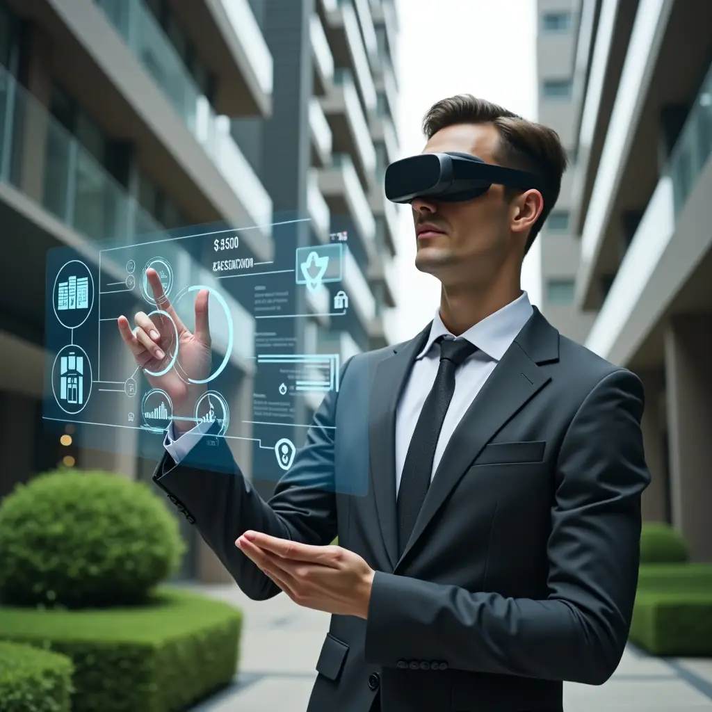 (Ultra-realistic condominium manager in a charcoal-gray suit, set in a modern luxury condominium environment with high-rise buildings and manicured green landscaping, interacting with a holographic user interface displaying financial charts, reservation icons and security locks, confident and thoughtful expression, cinematic lighting, shallow depth of field, highly detailed textures, realistic skin, photographic realism, 8k resolution --ar 1:1 --v 6)