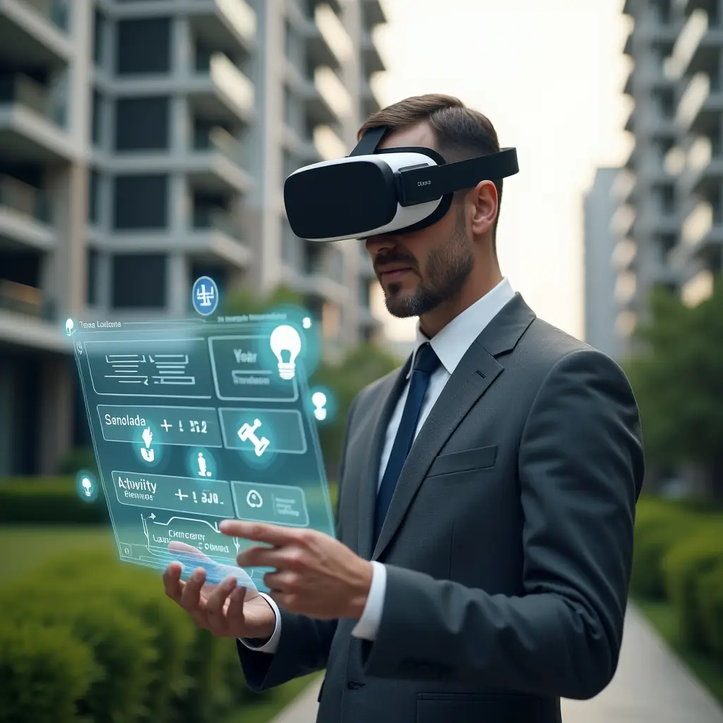 Ultra-realistic condominium manager in a charcoal gray suit, set in a modern luxury condominium environment with high-rise buildings and manicured greenery, reviewing a holographic activity calendar with a confident and focused expression, holographic icons of maintenance tools and event symbols floating beside them, cinematic lighting, shallow depth of field, highly detailed textures, realistic skin, photographic realism, 8k resolution --ar 1:1 --v 6