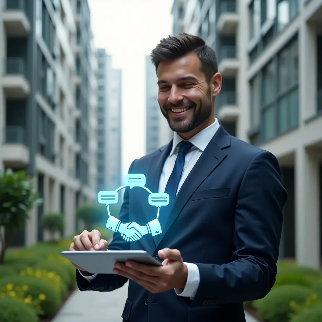 (Ultra-realistic condominium manager in a navy suit, set in a modern luxury condominium environment with high-rise buildings and green landscaping, reviewing a holographic checklist of community rules on a transparent tablet while smiling confidently, floating icons of speech bubbles and handshake symbolizing harmony, cinematic lighting, shallow depth of field, highly detailed textures, realistic skin, photographic realism, 8k resolution --ar 1:1 --v 6)