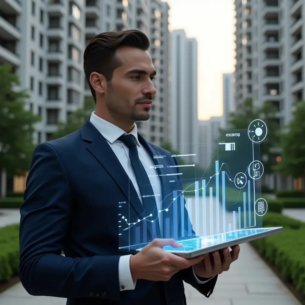 Ultra-realistic condominium manager in a navy suit, set in a modern luxury condominium environment with high-rise buildings and manicured green landscaping, holding a digital tablet displaying a holographic budget graph and emergency action plan, thoughtful and confident expression, financial icons and reserve fund symbols floating around, cinematic lighting, shallow depth of field, highly detailed textures, realistic skin, photographic realism, 8k resolution --ar 1:1 --v 6