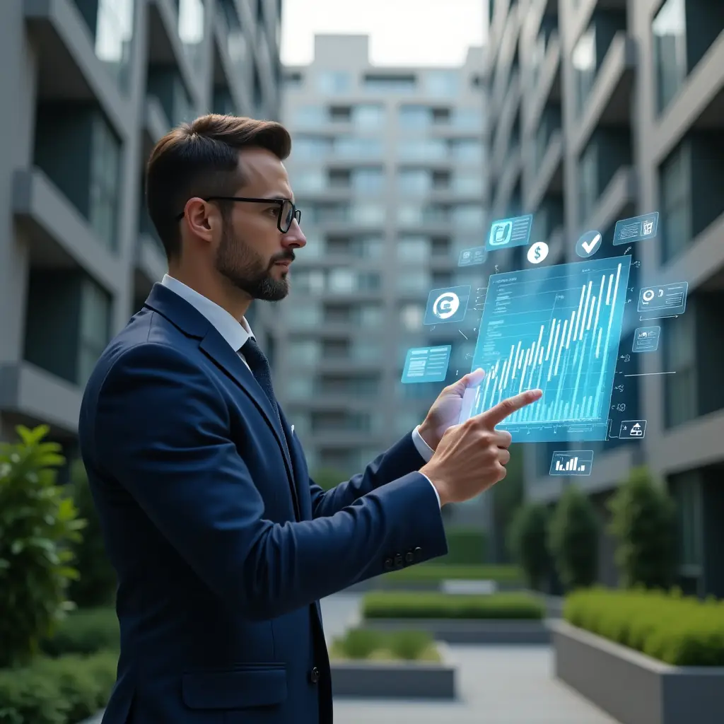 (Ultra-realistic condominium manager in a navy blue business suit, set in a modern luxury condominium environment with high-rise buildings and manicured green landscaping, holding a holographic budget chart displaying cost-saving graphs while pointing thoughtfully at the data, floating icons of tools and coins around, cinematic lighting, shallow depth of field, highly detailed textures, realistic skin, photographic realism, 8k resolution --ar 1:1 --v 6)