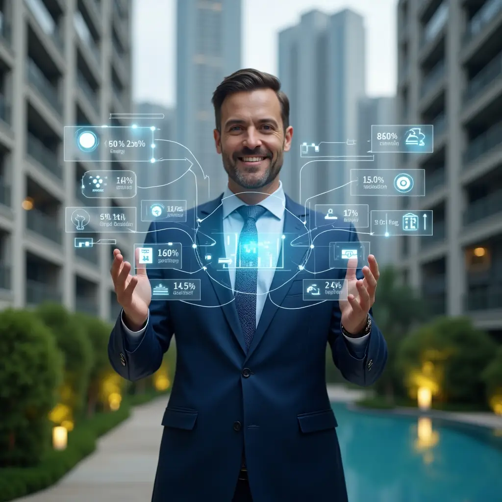 (Ultra-realistic condo manager in a navy blue suit, set in a modern luxury condominium environment with high-rise buildings and green landscaping, confidently presenting a floating holographic chart showing cost reductions and process optimizations, surrounded by digital icons of energy, maintenance and budget control, cinematic lighting, shallow depth of field, highly detailed textures, realistic skin, photographic realism, 8k resolution --ar 1:1 --v 6)