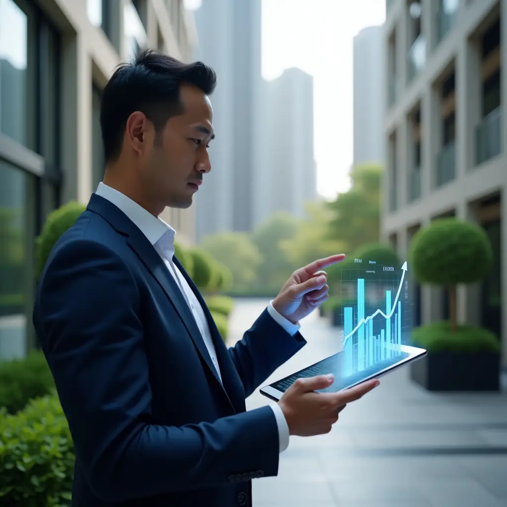 Ultra-realistic condominium manager in a navy blue business suit, set in a modern luxury condominium environment with high-rise buildings and green landscaping, mid-shot shows them holding a digital tablet displaying holographic financial charts, pointing at a floating bar graph icon symbolizing expense monitoring, expression confident and analytical, cinematic lighting, shallow depth of field, highly detailed textures, realistic skin, photographic realism, 8k resolution --ar 1:1 --v 6