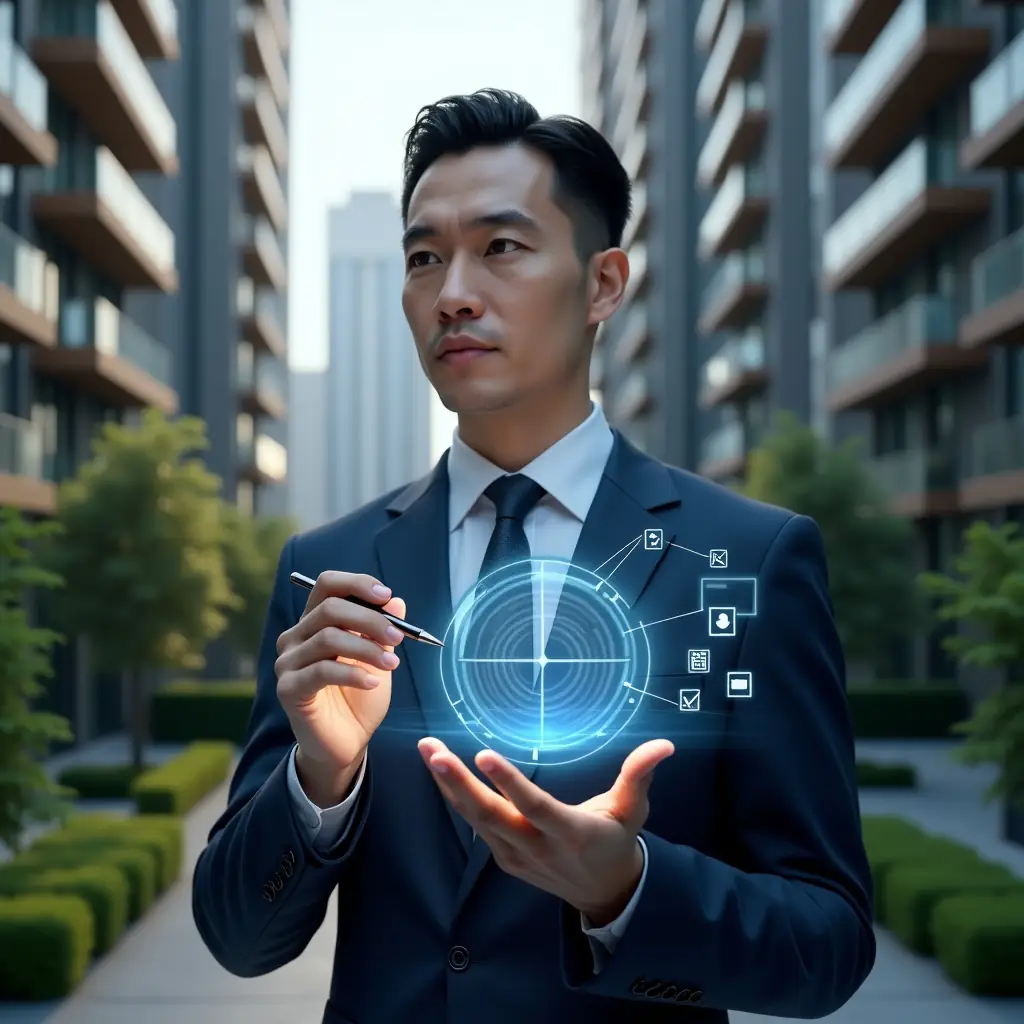 (Ultra-realistic condominium manager in a navy blue tailored suit, set in a modern luxury condominium environment with high-rise buildings and green landscaping, reviewing a holographic pie chart representing fraction ideal and quorum percentages with a stylus pen in hand, thoughtful and confident expression, floating holographic icons of checkmarks and attendance lists symbolizing approval processes, cinematic lighting, shallow depth of field, highly detailed textures, realistic skin, photographic realism, 8k resolution --ar 1:1 --v 6)