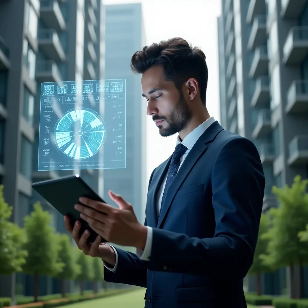 (Ultra-realistic condominium manager in a navy executive suit, set in a modern luxury condominium environment with high-rise buildings and manicured green landscaping, analyzing a holographic pie chart of unit fractions projected above a sleek tablet, focused and confident expression, floating blueprint overlays of floor plans and calculation formulas, cinematic lighting, shallow depth of field, highly detailed textures, realistic skin, photographic realism, 8k resolution --ar 1:1 --v 6)