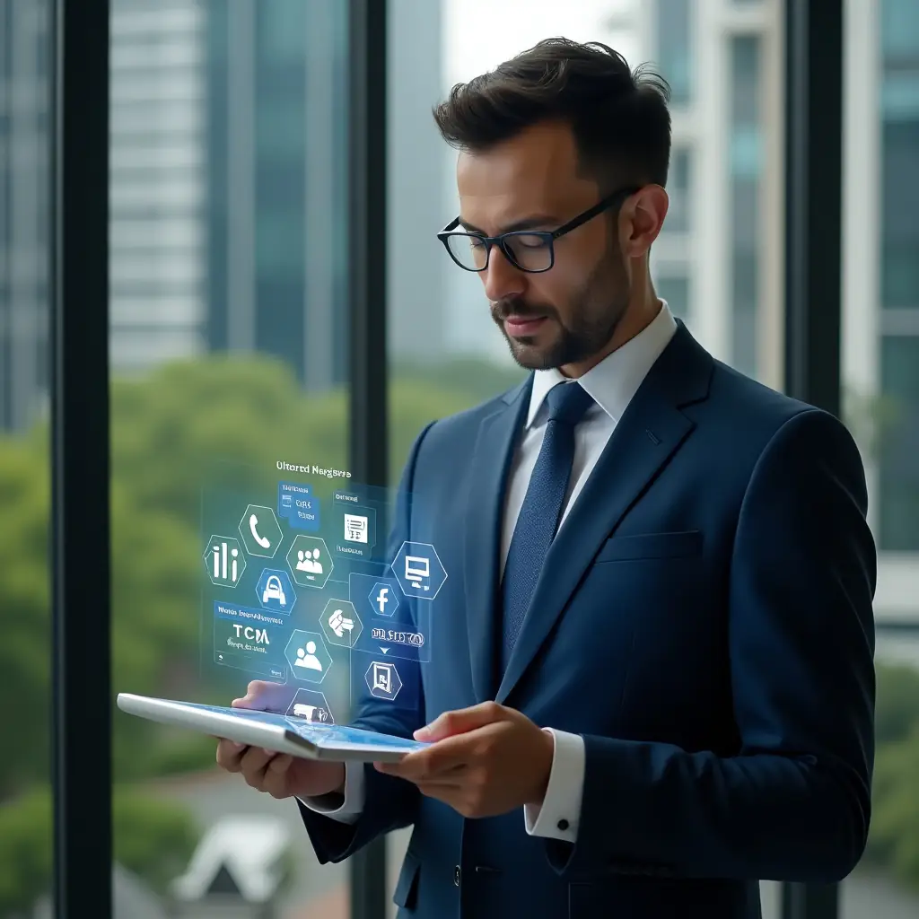 Ultra-realistic condominium manager in a navy blue executive suit, set in a modern luxury condominium environment with high-rise buildings and lush green landscaping, holding a transparent tablet displaying holographic app icons for financial reports, visitor control and chat notifications, confidently analyzing the interface with a thoughtful expression, cinematic lighting, shallow depth of field, highly detailed textures, realistic skin, photographic realism, 8k resolution --ar 1:1 --v 6