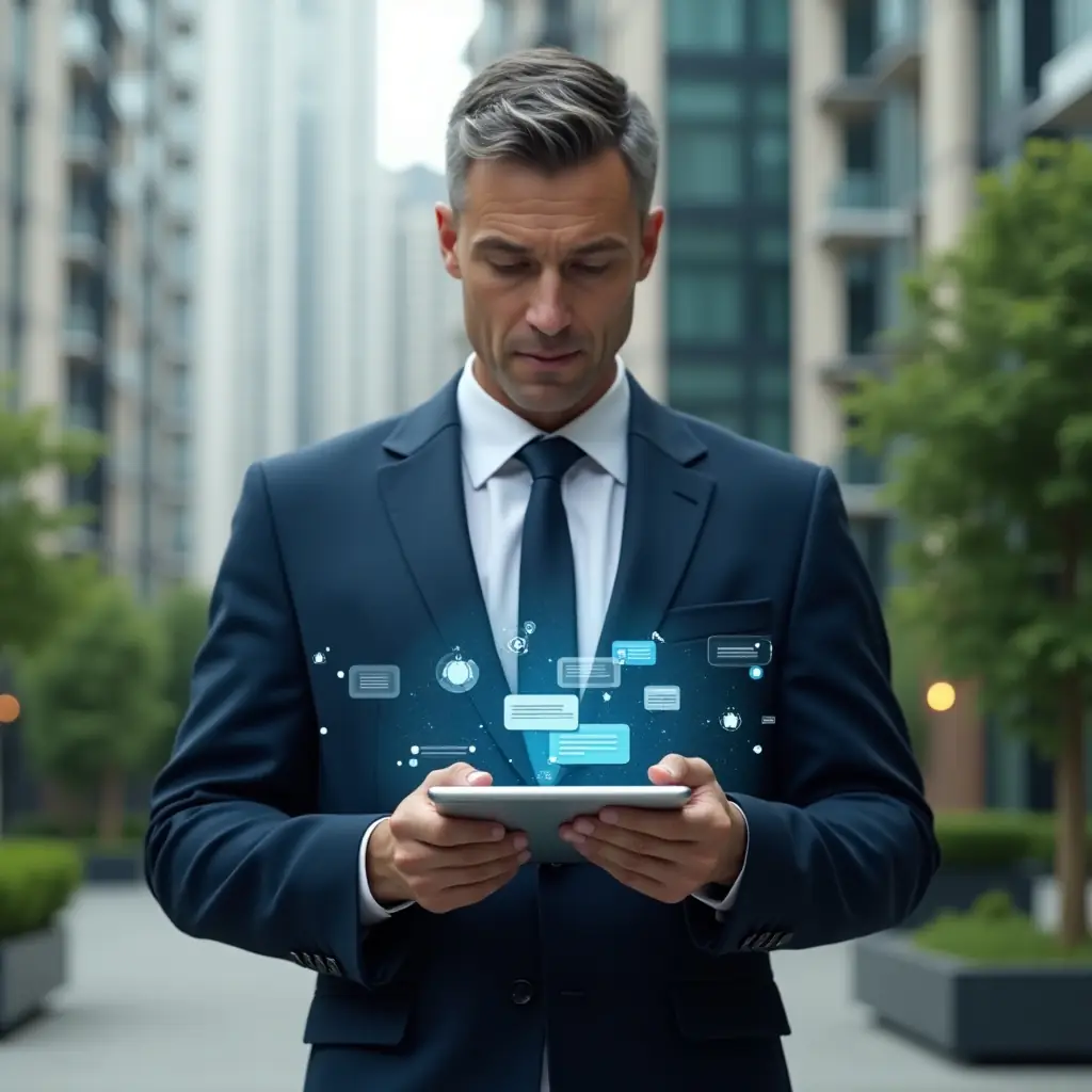(Ultra-realistic professional condominium manager in a navy executive suit, set in a modern luxury condominium environment with high-rise buildings and lush green landscaping, holding a tablet displaying holographic chat icons and digital notifications, confidently tapping the screen to optimize internal communication, subtle floating message bubbles symbolizing streamlined notices and agenda approvals, cinematic lighting, shallow depth of field, highly detailed textures, realistic skin, photographic realism, 8k resolution --ar 1:1 --v 6)