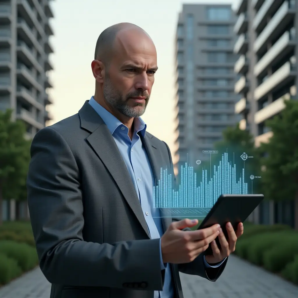Ultra-realistic property manager in a charcoal gray suit, set in a modern luxury condominium environment with high-rise buildings and meticulously landscaped greenery, holding a tablet displaying holographic financial charts and icons, analyzing data with a confident, focused expression, cinematic lighting, shallow depth of field, highly detailed textures, realistic skin, photographic realism, 8k resolution --ar 1:1 --v 6