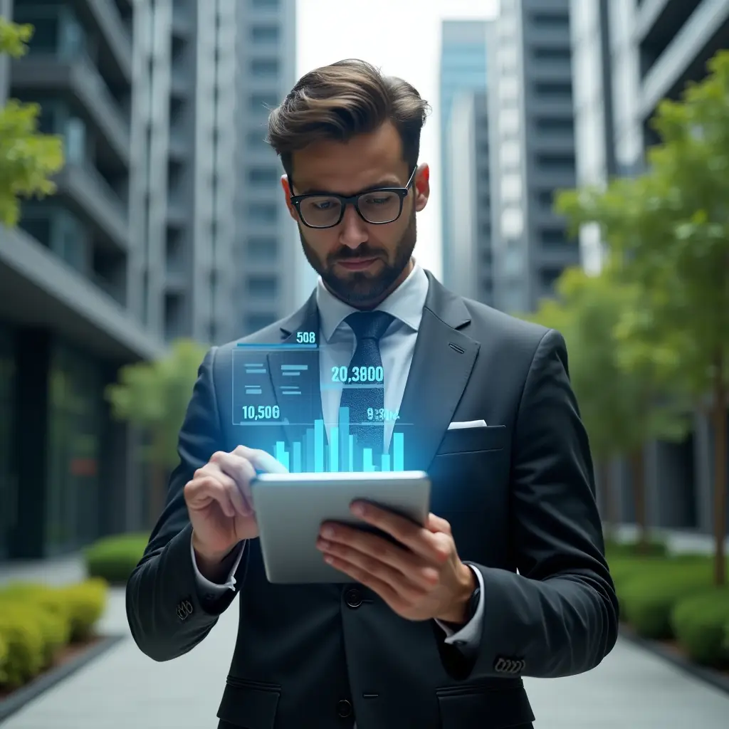Ultra-realistic condominium manager in a dark gray suit, set in a modern luxury condominium environment with high-rise buildings and green landscaping, analyzing a holographic budget projection emanating from a tablet in their hand, hovering cost breakdown chart as a visual element, confident and focused expression, cinematic lighting, shallow depth of field, highly detailed textures, realistic skin, photographic realism, 8k resolution --ar 1:1 --v 6