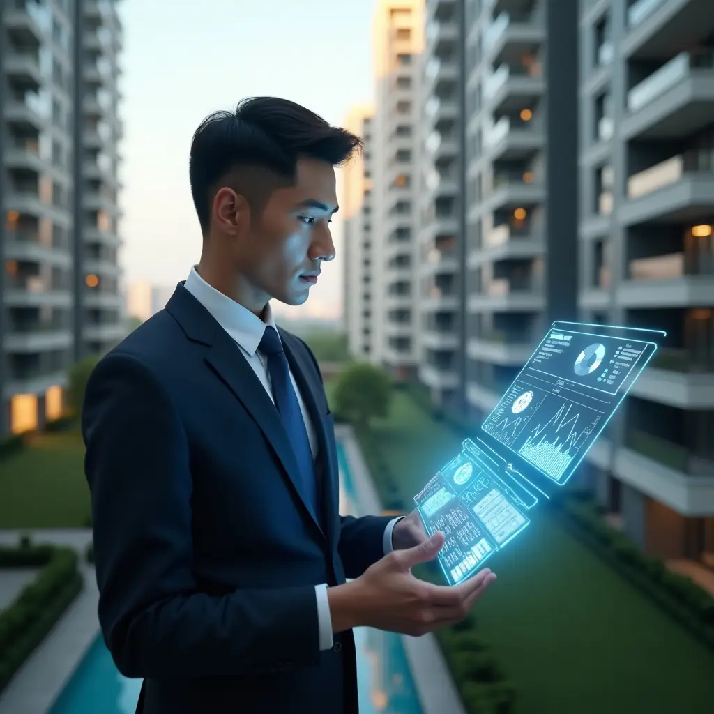 Ultra-realistic condominium manager in a tailored navy suit, set in a modern luxury condominium environment with high-rise buildings and green landscaping, reviewing a holographic financial dashboard displaying charts and budget breakdown, with floating icons of coins and graphs, confident and focused expression, cinematic lighting, shallow depth of field, highly detailed textures, realistic skin, photographic realism, 8k resolution --ar 1:1 --v 6