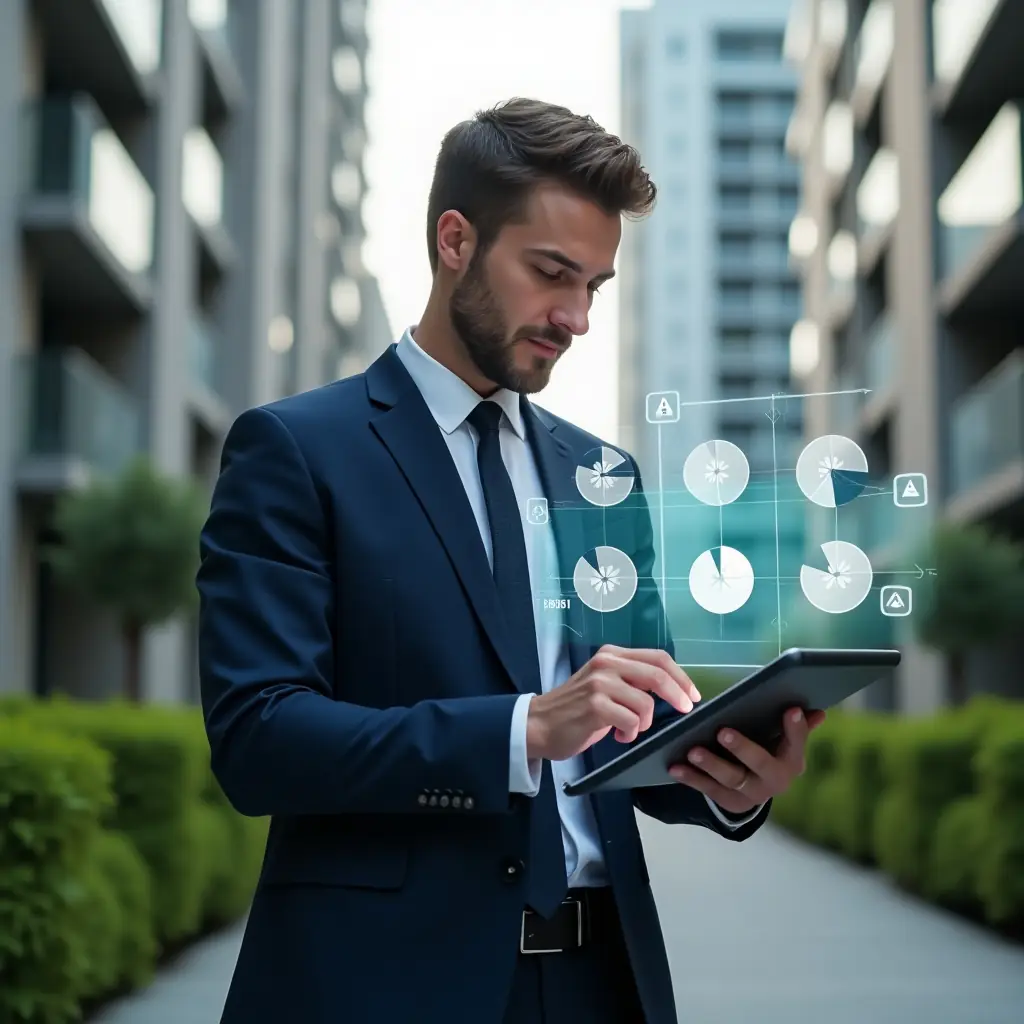 (Ultra-realistic condominium manager in a tailored navy suit, set in a modern luxury condominium environment with high-rise buildings and manicured green landscaping, examining a digital ledger tablet with floating holographic pie charts and warning icons above it, expression thoughtful and confident, cinematic lighting, shallow depth of field, highly detailed textures, realistic skin, photographic realism, 8k resolution --ar 1:1 --v 6)
