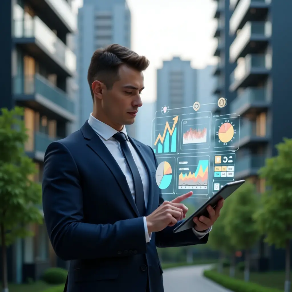 (Ultra-realistic condominium manager in a navy blue suit, set in a modern luxury condominium environment with high-rise buildings and lush green landscaping, reviewing a holographic financial dashboard projected above a tablet with pie charts and expense graphs, floating icons of coins and charts symbolizing budget control, confident and focused expression, cinematic lighting, shallow depth of field, highly detailed textures, realistic skin, photographic realism, 8k resolution --ar 1:1 --v 6)