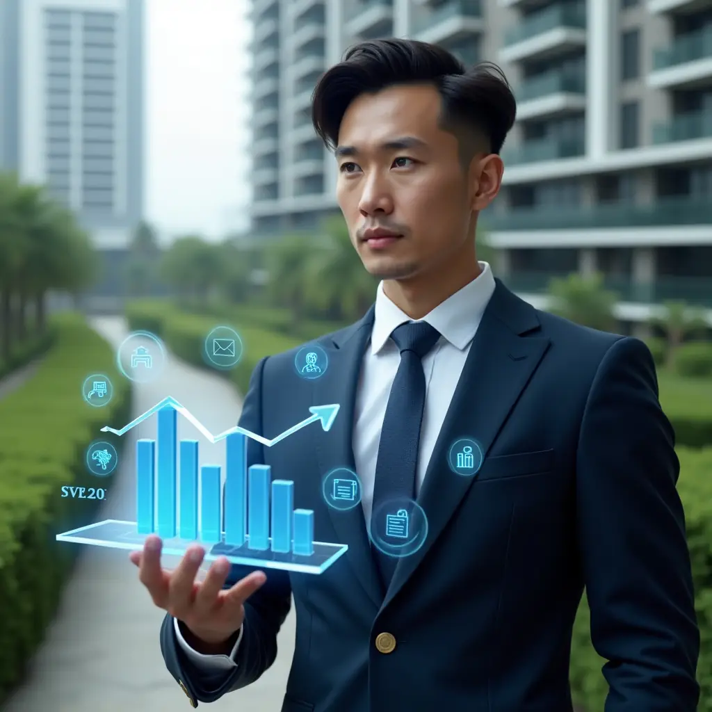 (Ultra-realistic condominium manager in a tailored navy suit, set in a modern luxury condominium environment with high-rise buildings and lush green landscaping, standing in a mid-shot analyzing a holographic bar chart with a downward arrow symbolizing reduced delinquency, confident expression, holographic icons of coins and documents floating beside, cinematic lighting, shallow depth of field, highly detailed textures, realistic skin, photographic realism, 8k resolution --ar 1:1 --v 6)