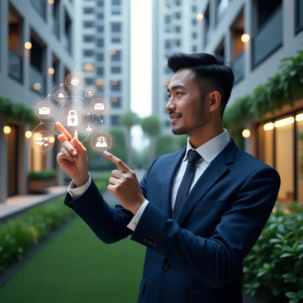 Ultra-realistic condominium manager in a tailored navy suit, set in a modern luxury condominium environment with high-rise buildings and lush green landscaping, interacting with a floating holographic interface displaying icons for finance, security, chat, calendar, maintenance, analytics and integrations, pointing at the holograms with a confident smile, cinematic lighting, shallow depth of field, highly detailed textures, realistic skin, photographic realism, 8k resolution --ar 1:1 --v 6