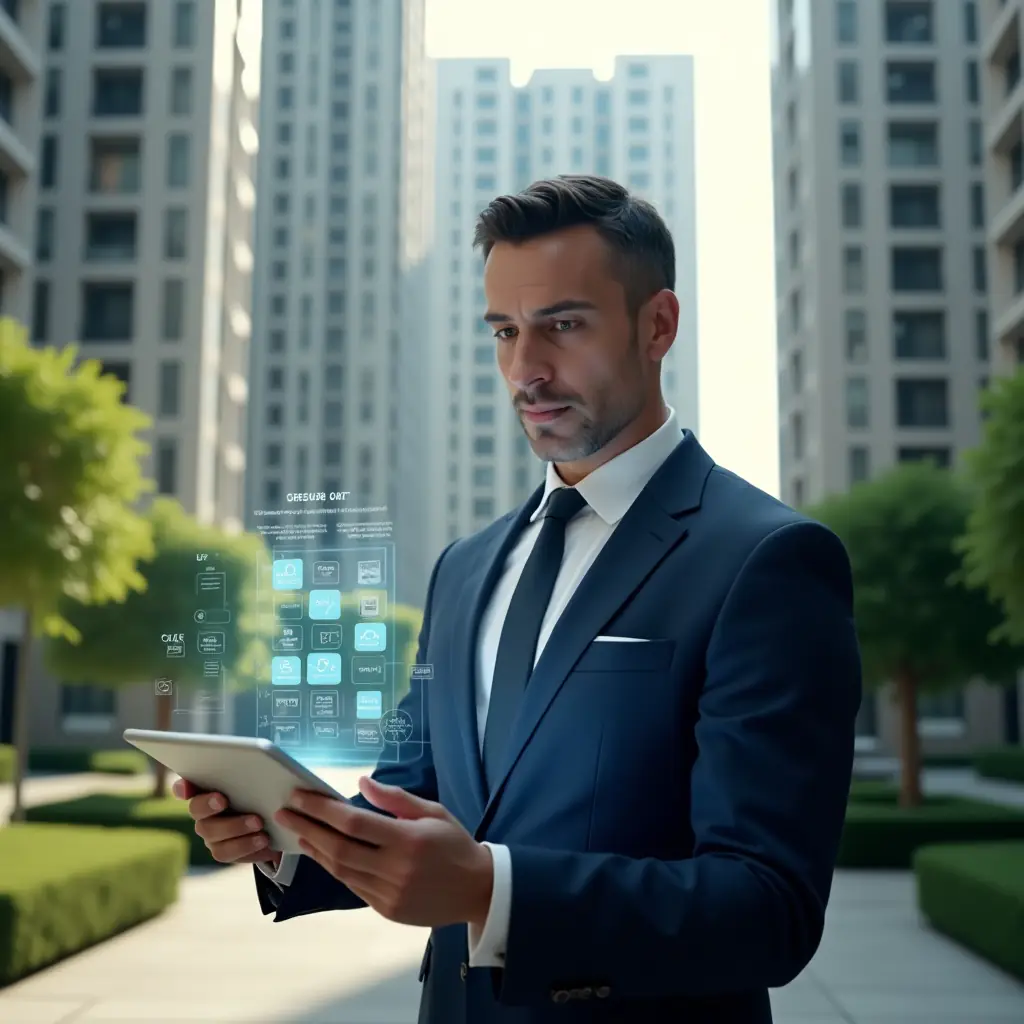 (Ultra-realistic condominium manager in a tailored navy suit, set in a modern luxury condominium environment with high-rise buildings and manicured green landscaping, holding a digital tablet displaying a holographic task schedule, translucent calendar icons floating around, focused and confident expression, cinematic lighting, shallow depth of field, highly detailed textures, realistic skin, photographic realism, 8k resolution --ar 1:1 --v 6)