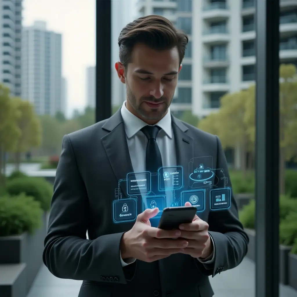 (Ultra-realistic condominium manager in a dark gray tailored suit, set in a modern luxury condominium environment with high-rise buildings and lush green landscaping, holding a smartphone displaying a holographic apartment management dashboard with icons for finance, security, and reservations, confidently analyzing the interface, cinematic lighting, shallow depth of field, highly detailed textures, realistic skin, photographic realism, 8k resolution --ar 1:1 --v 6)