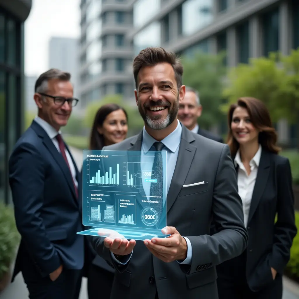 Ultra-realistic condominium manager in a tailored charcoal gray business suit, set in a modern luxury condominium environment with high-rise buildings and manicured green landscaping, presenting a translucent holographic financial report with clear graphs and icons, smiling confidently while reviewing data alongside satisfied residents, cinematic lighting, shallow depth of field, highly detailed textures, realistic skin, photographic realism, 8k resolution --ar 1:1 --v 6
