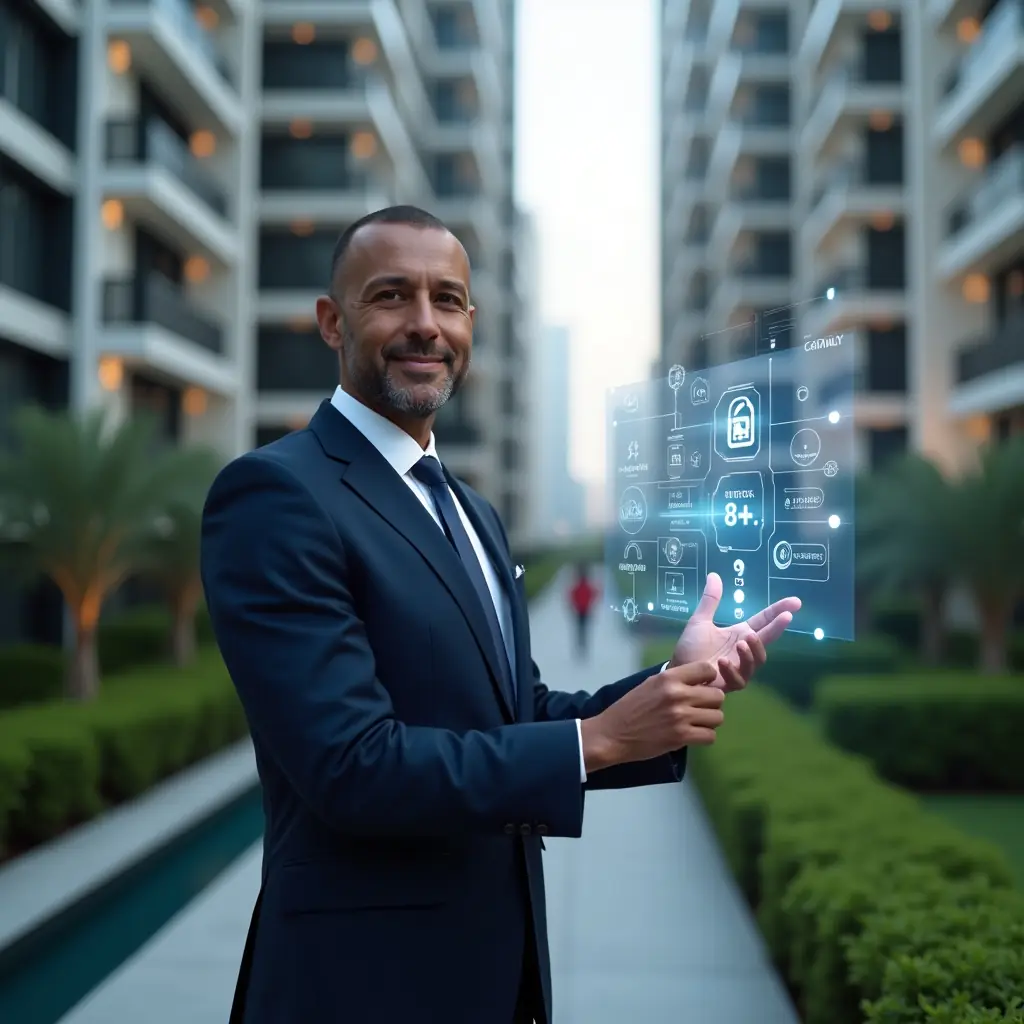 (Ultra-realistic condo manager in a navy suit, set in a modern luxury condominium environment with high-rise buildings and meticulously landscaped greenery, interacting with a holographic interface displaying icons for communication, security, and financial transparency, tapping the virtual screen confidently with a slight smile, cinematic lighting, shallow depth of field, highly detailed textures, realistic skin, photographic realism, 8k resolution --ar 1:1 --v 6)