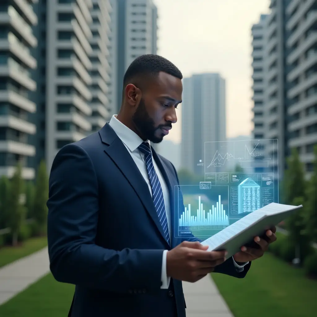 Ultra-realistic condominium manager in a navy suit, set in a modern luxury condominium environment with high-rise buildings and manicured green landscaping in the background, reviewing a transparent holographic financial report with floating charts and graphs, confident and focused expression, cinematic lighting, shallow depth of field, highly detailed textures, realistic skin, photographic realism, 8k resolution --ar 1:1 --v 6