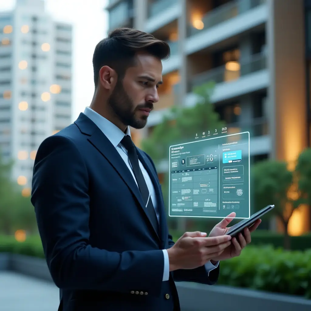 (Ultra-realistic condominium manager in a navy tailored suit, set in a modern luxury condominium environment with high-rise buildings and lush green landscaping, analyzing a holographic scheduling calendar floating above a sleek tablet, confident and focused expression, with digital notification icons and performance report graphs subtly integrated in the scene, cinematic lighting, shallow depth of field, highly detailed textures, realistic skin, photographic realism, 8k resolution --ar 1:1 --v 6)