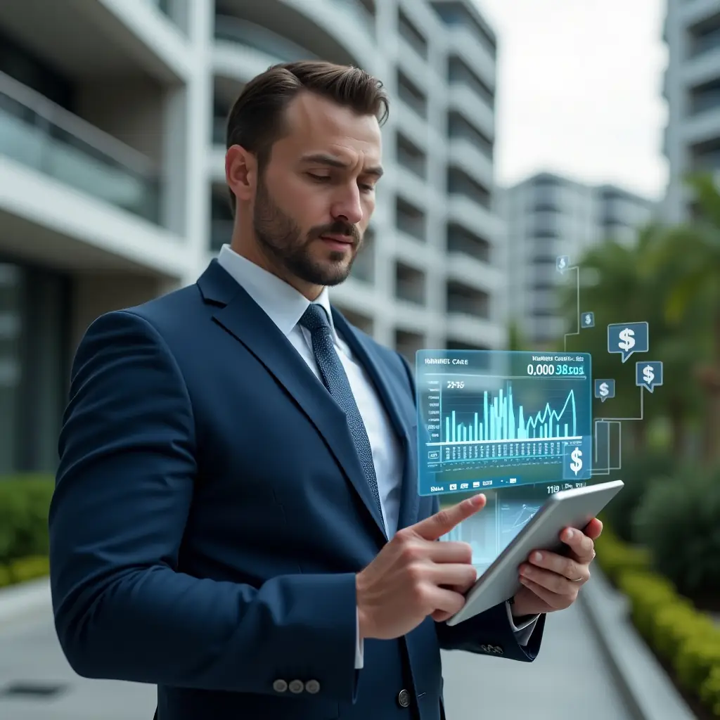 (Ultra-realistic condominium manager in a navy blue executive suit, set in a modern luxury condominium environment with high-rise buildings and manicured greenery, holding a transparent tablet displaying holographic budget charts and cost analysis, examining financial graphs with a confident and thoughtful expression, holographic dollar icons floating nearby, cinematic lighting, shallow depth of field, highly detailed textures, realistic skin, photographic realism, 8k resolution --ar 1:1 --v 6)