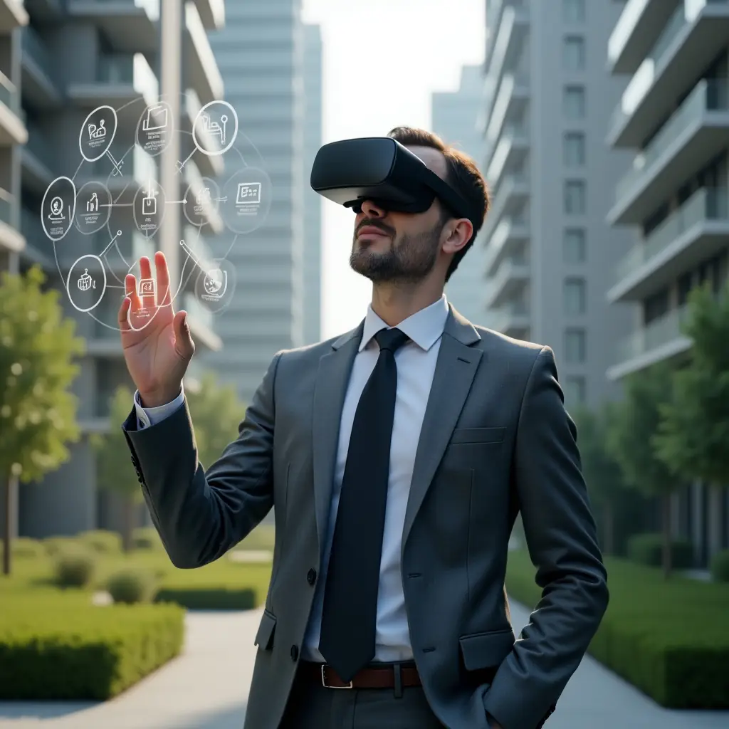 (Ultra-realistic condo manager in a charcoal gray suit, set in a modern luxury condominium environment with high-rise buildings and manicured green landscaping, medium shot, interacting with floating holographic icons of access control, financial dashboards and space reservations, confident and focused expression, cinematic lighting, shallow depth of field, highly detailed textures, realistic skin, photographic realism, 8k resolution --ar 1:1 --v 6)