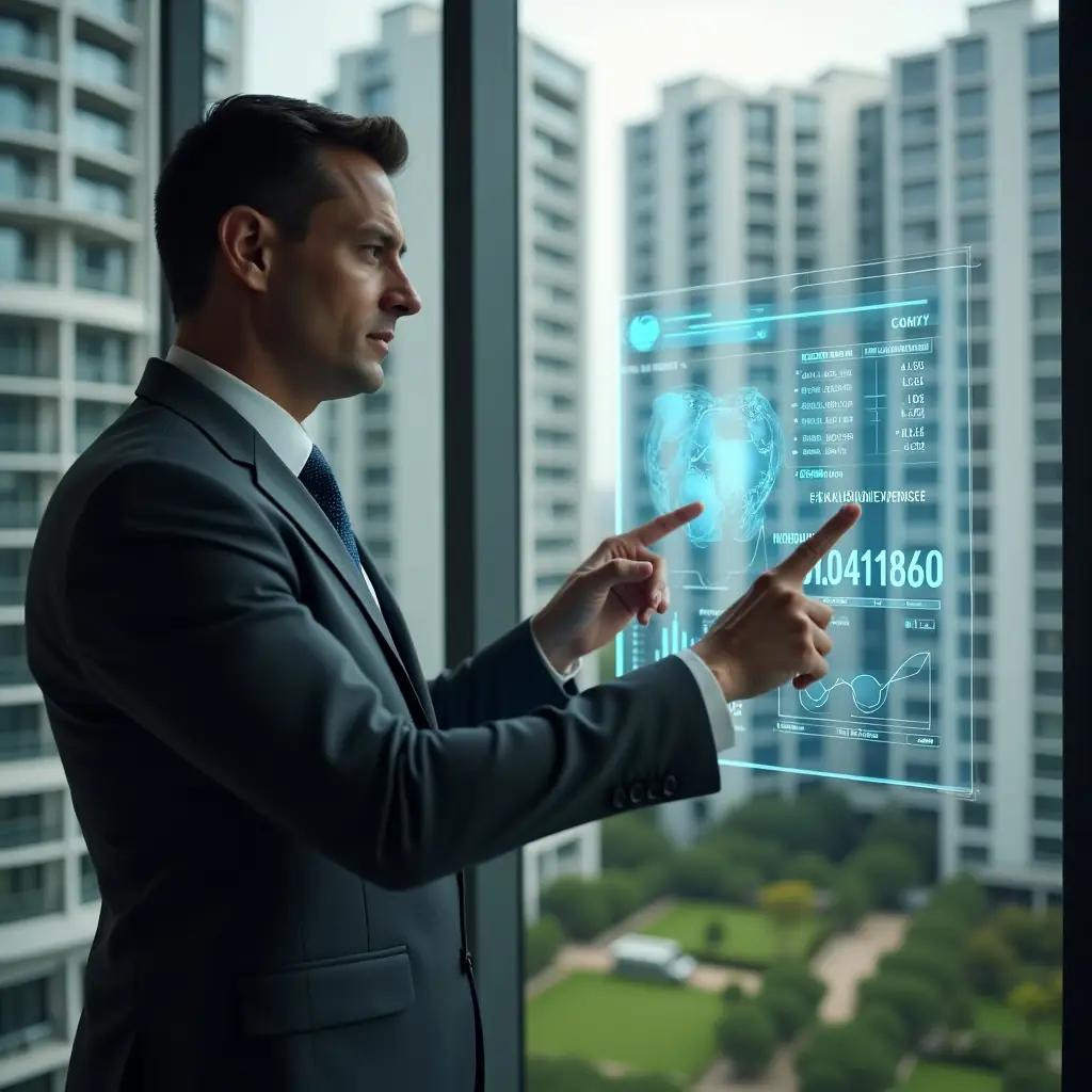 Ultra-realistic condominium manager in a charcoal gray suit, set in a modern luxury condominium environment with high-rise buildings and manicured green landscaping, reviewing a transparent holographic financial dashboard displaying pie charts and budget graphs, confidently pointing at a glowing “extraordinary expenses” segment, cinematic lighting, shallow depth of field, highly detailed textures, realistic skin, photographic realism, 8k resolution --ar 1:1 --v 6