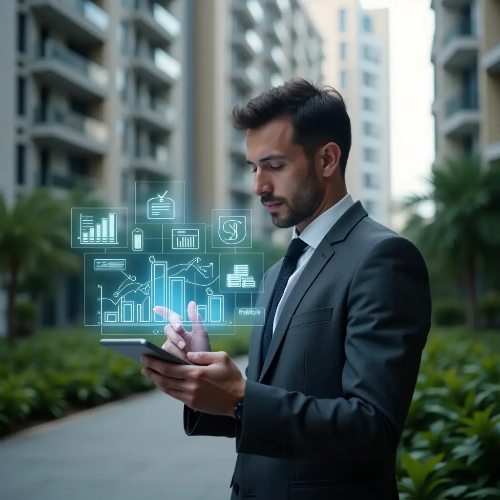 (Ultra-realistic condominium manager in a charcoal gray suit, set in a modern luxury condominium environment with high-rise buildings and lush green landscaping, holding a tablet displaying a holographic budget chart while pointing thoughtfully at floating expense graphs, holographic icons of documents and communication bubbles symbolizing planning and transparency, confident and analytical expression, cinematic lighting, shallow depth of field, highly detailed textures, realistic skin, photographic realism, 8k resolution --ar 1:1 --v 6)