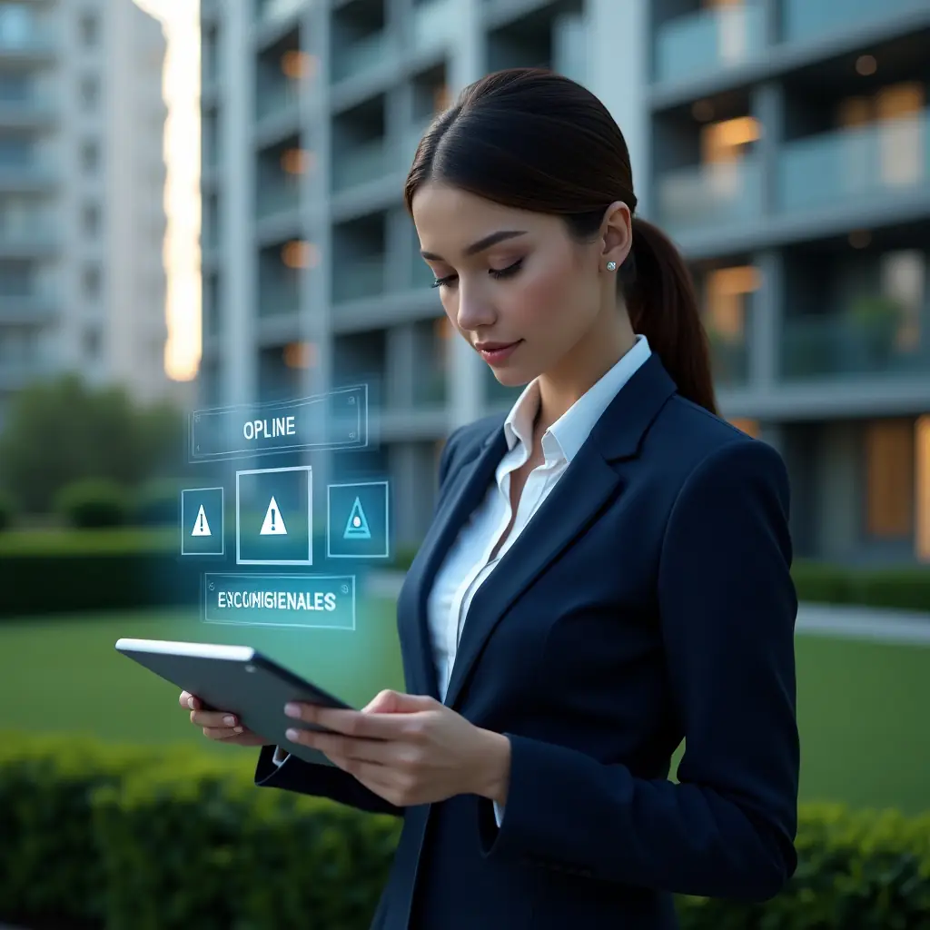 (Ultra-realistic condominium manager in a dark blue executive suit, set in a modern luxury condominium environment with high-rise buildings and manicured greenery, medium close-up of a professional woman holding a tablet and analyzing holographic app icons with warning symbols floating above it, holographic interface elements symbolizing outdated software, thoughtful and confident expression, cinematic lighting, shallow depth of field, highly detailed textures, realistic skin, photographic realism, 8k resolution --ar 1:1 --v 6)