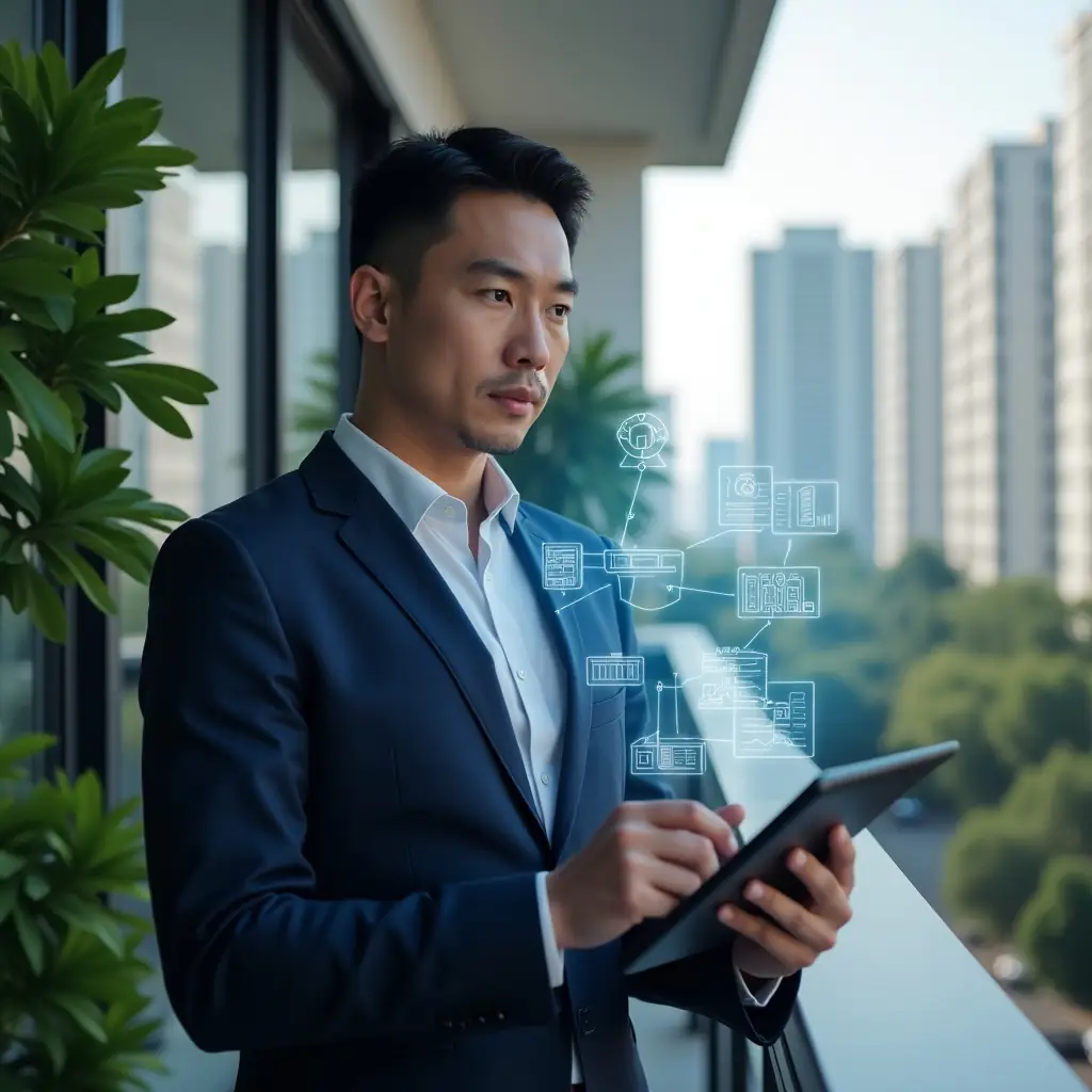 (Ultra-realistic condominium manager in a tailored navy suit, set in a modern luxury condominium environment with high-rise buildings and lush green landscaping, holding a digital tablet displaying floating holographic charts and condo icons, confidently reviewing data with a focused expression, symbolic holographic interface elements representing digital administration, cinematic lighting, shallow depth of field, highly detailed textures, realistic skin, photographic realism, 8k resolution --ar 1:1 --v 6)