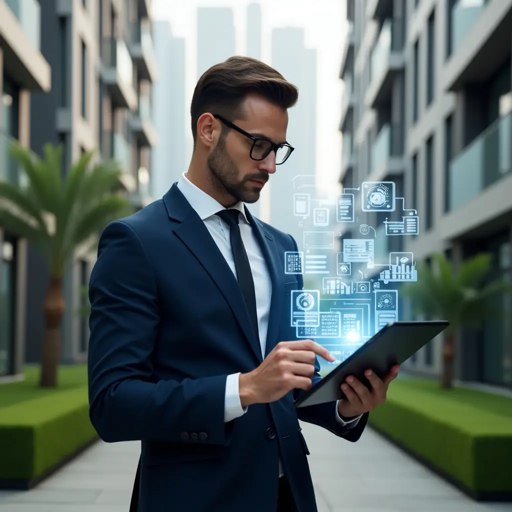 Ultra-realistic condominium manager in a navy suit, set in a modern luxury condominium environment with high-rise buildings and manicured green landscaping, examining holographic financial reports and holding a digital tablet displaying a detailed ledger, floating budget and transparency icons around him, focused and confident expression, cinematic lighting, shallow depth of field, highly detailed textures, realistic skin, photographic realism, 8k resolution --ar 1:1 --v 6