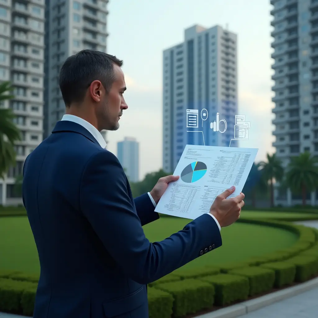 (Ultra-realistic condominium manager in a navy blue business suit, set in a modern luxury condominium environment with high-rise buildings and manicured green landscaping, reviewing a holographic financial report with a pie chart and balance sheet projections floating before them, analytical and confident expression, cinematic lighting, shallow depth of field, highly detailed textures, realistic skin, photographic realism, 8k resolution --ar 1:1 --v 6)