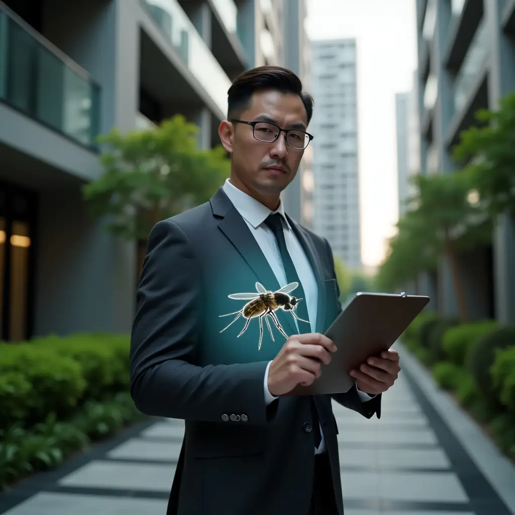 (Ultra-realistic condominium manager in a dark gray executive suit, set in a modern luxury condominium environment with high-rise buildings and lush green landscaping, inspecting a common area with a clipboard and holographic mosquito icon overlay symbolizing dengue prevention, focused and determined expression, cinematic lighting, shallow depth of field, highly detailed textures, realistic skin, photographic realism, 8k resolution --ar 1:1 --v 6)