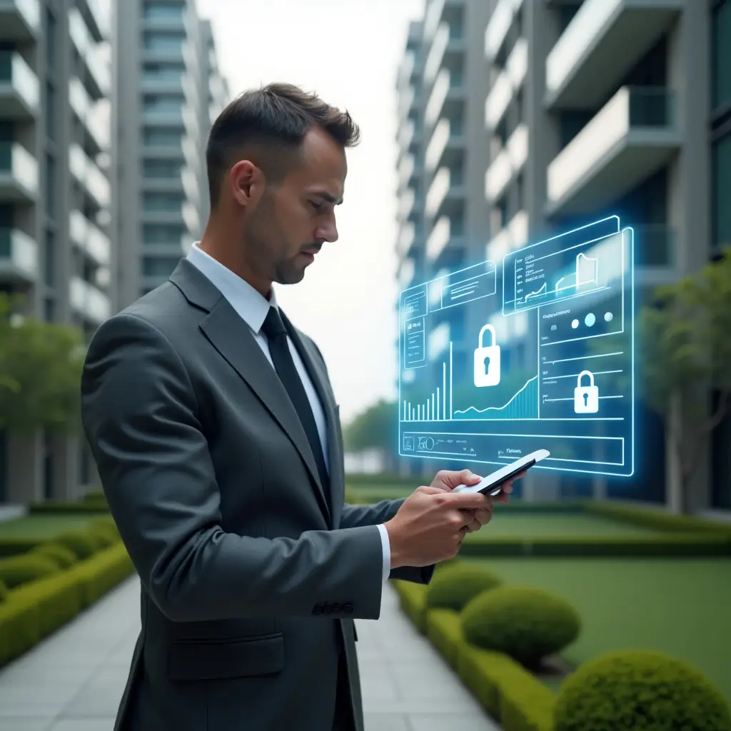 Ultra-realistic property manager in a charcoal gray suit, set in a modern luxury condominium environment with high-rise buildings and impeccably landscaped green areas, examining a floating holographic financial dashboard with charts and secure padlock icons, confident and focused expression, cinematic lighting, shallow depth of field, highly detailed textures, realistic skin, photographic realism, 8k resolution --ar 1:1 --v 6