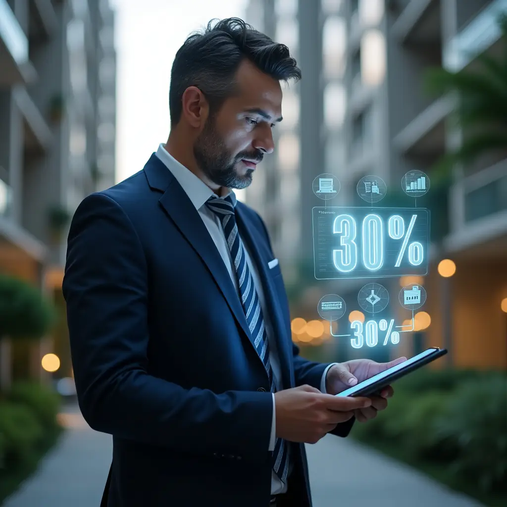(Ultra-realistic condominium manager in a tailored navy suit, set in a modern luxury condominium environment with high-rise buildings and meticulously landscaped gardens, examining a holographic financial chart displaying a 30% cost reduction, confident and thoughtful expression, holding a sleek tablet with floating icons of budgets and analytics, cinematic lighting, shallow depth of field, highly detailed textures, realistic skin, photographic realism, 8k resolution --ar 1:1 --v 6)