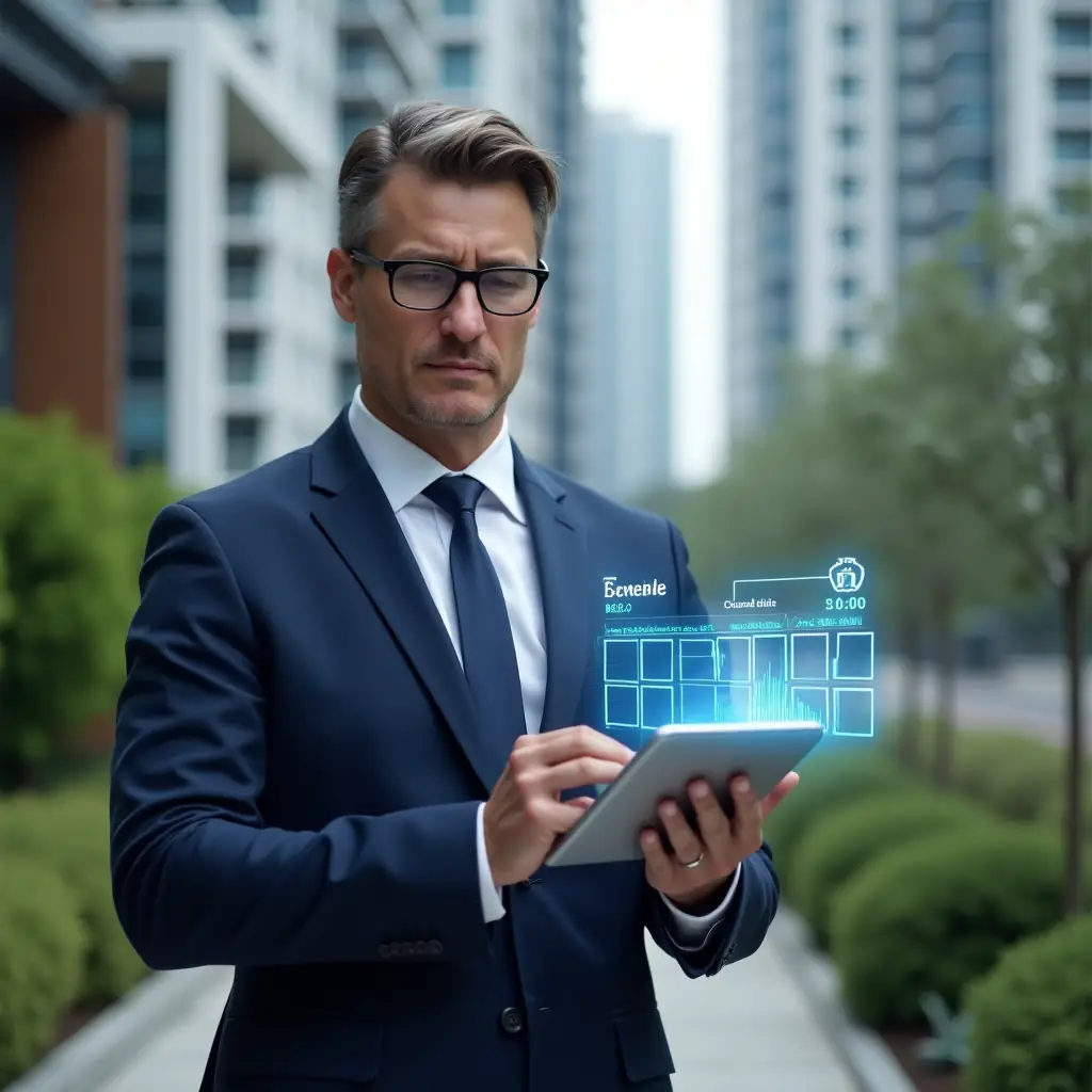 Ultra-realistic condominium manager in a navy blue suit, set in a modern luxury condominium environment with high-rise buildings and green landscaping, holding a digital tablet displaying a holographic maintenance schedule, looking focused and confident, holographic timeline floating beside him, cinematic lighting, shallow depth of field, highly detailed textures, realistic skin, photographic realism, 8k resolution --ar 1:1 --v 6