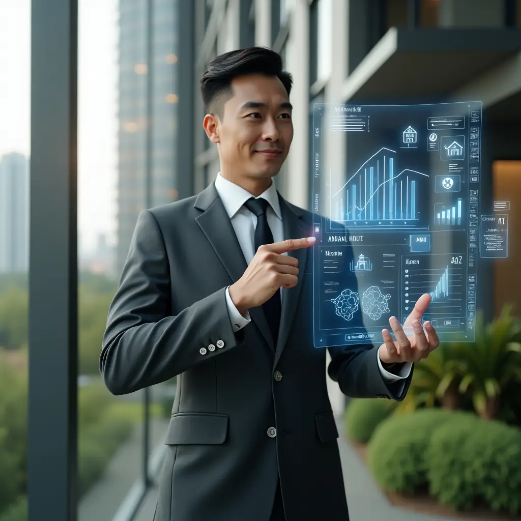 (Ultra-realistic condominium manager in a charcoal gray executive suit, set in a modern luxury condominium environment with high-rise buildings and manicured gardens, holding and interacting with a floating holographic dashboard displaying apartment icons and financial charts, confident expression, cinematic lighting, shallow depth of field, highly detailed textures, realistic skin, photographic realism, 8k resolution --ar 1:1 --v 6)
