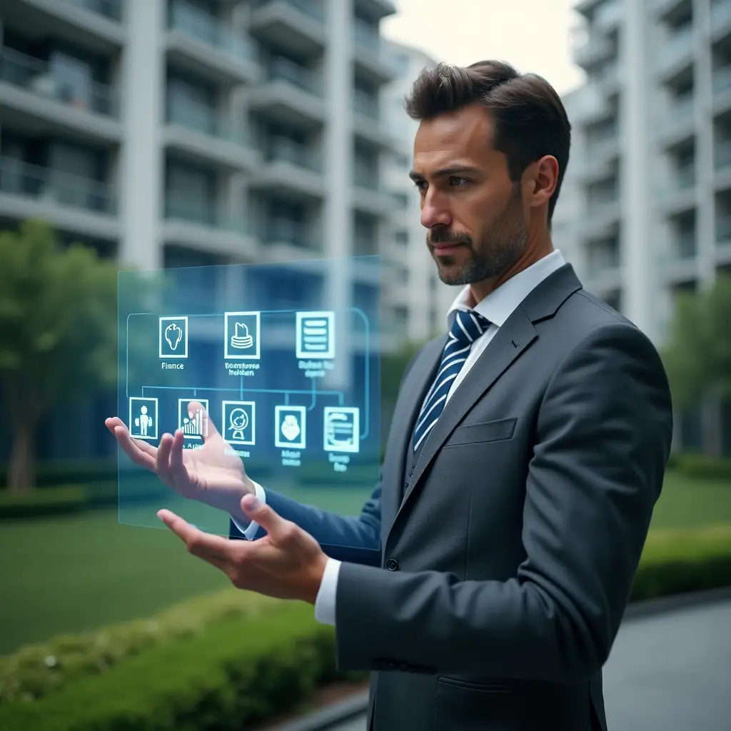 (Ultra-realistic condominium manager in a charcoal gray suit, set in a modern luxury condominium environment with high-rise buildings and green landscaping, examining a translucent holographic interface displaying icons for finance, reservations, incident reports, and task lists, confident expression, cinematic lighting, shallow depth of field, highly detailed textures, realistic skin, photographic realism, 8k resolution --ar 1:1 --v 6)