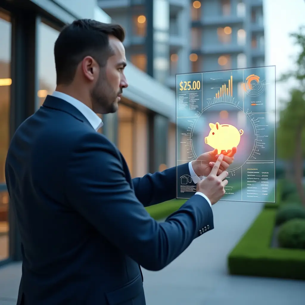 Ultra-realistic condominium manager in a navy blue suit, set in a modern luxury condominium environment with high-rise buildings and manicured green landscaping, analyzing financial data on a transparent holographic interface with expense charts and digital graphs, confidently pointing at a glowing piggy bank icon, cinematic lighting, shallow depth of field, highly detailed textures, realistic skin, photographic realism, 8k resolution --ar 1:1 --v 6