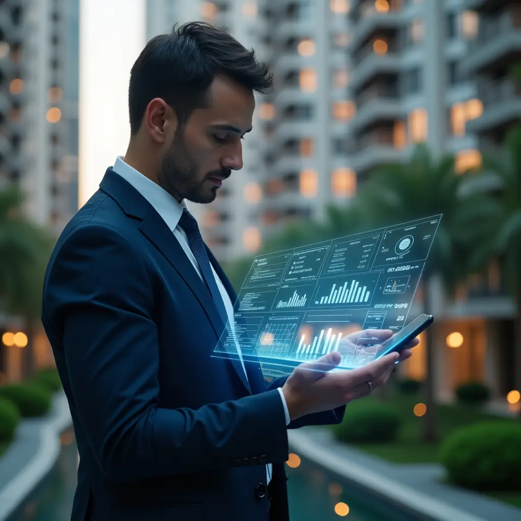Ultra-realistic condominium manager in a tailored navy suit, set in a modern luxury condominium environment with high-rise buildings and manicured green landscaping, analyzing a holographic financial dashboard displaying charts and key performance indicators, with floating icons of graphs, currency symbols and timers, looking confident and focused, cinematic lighting, shallow depth of field, highly detailed textures, realistic skin, photographic realism, 8k resolution --ar 1:1 --v 6
