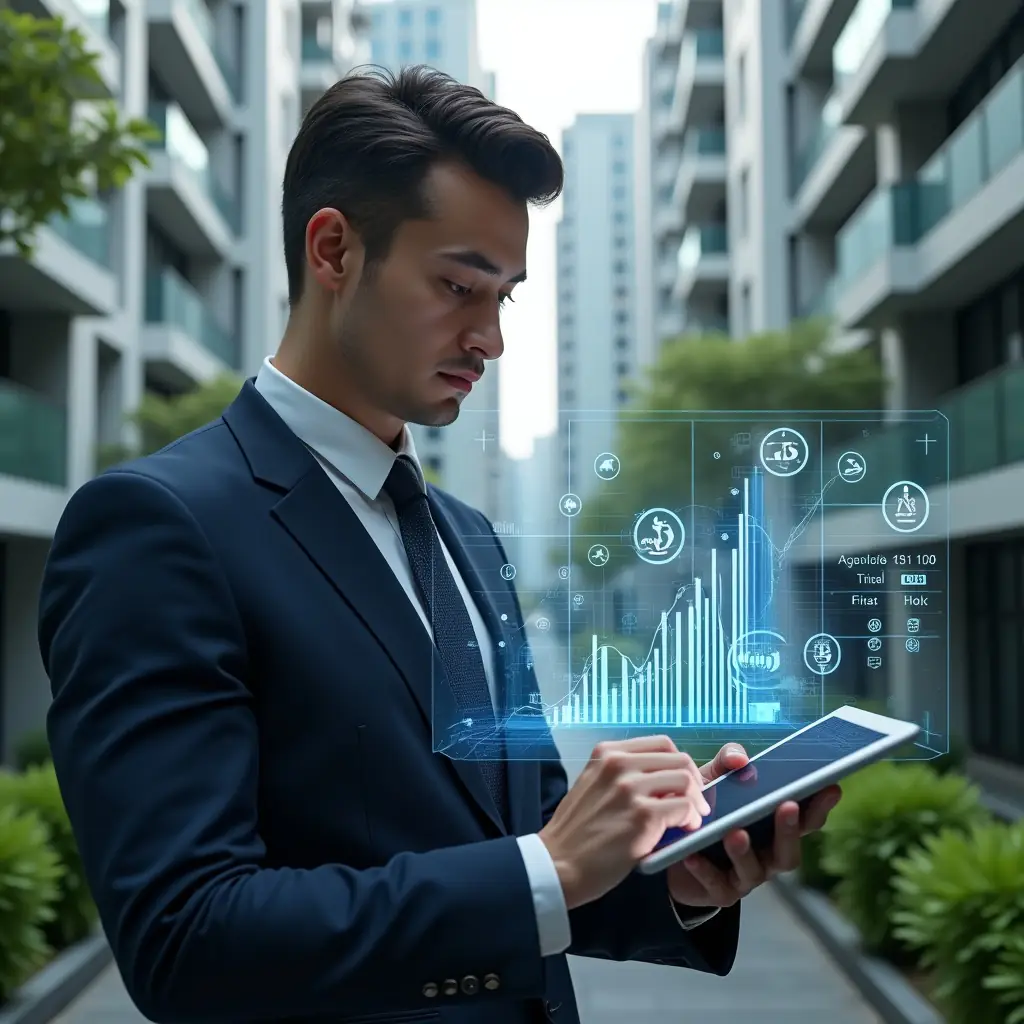 Ultra-realistic condominium manager in a navy executive suit, set in a modern luxury condominium environment with high-rise buildings and lush green landscaping, analyzing a holographic financial chart projected above a digital tablet, floating icons of contracts and utility meters around them, focused and confident expression, cinematic lighting, shallow depth of field, highly detailed textures, realistic skin, photographic realism, 8k resolution --ar 1:1 --v 6