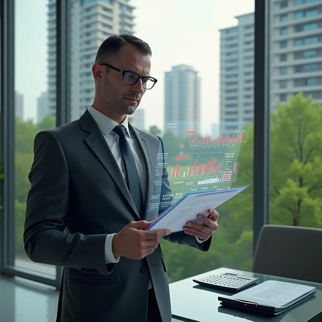 (Ultra-realistic condominium manager in a charcoal gray tailored suit, set in a modern luxury condominium environment with high-rise buildings and meticulously landscaped greenery, examining a transparent holographic financial report with red warning icons and bar charts, calculator and ledger on a sleek glass table beside them, expression focused and confident, cinematic lighting, shallow depth of field, highly detailed textures, realistic skin, photographic realism, 8k resolution --ar 1:1 --v 6)