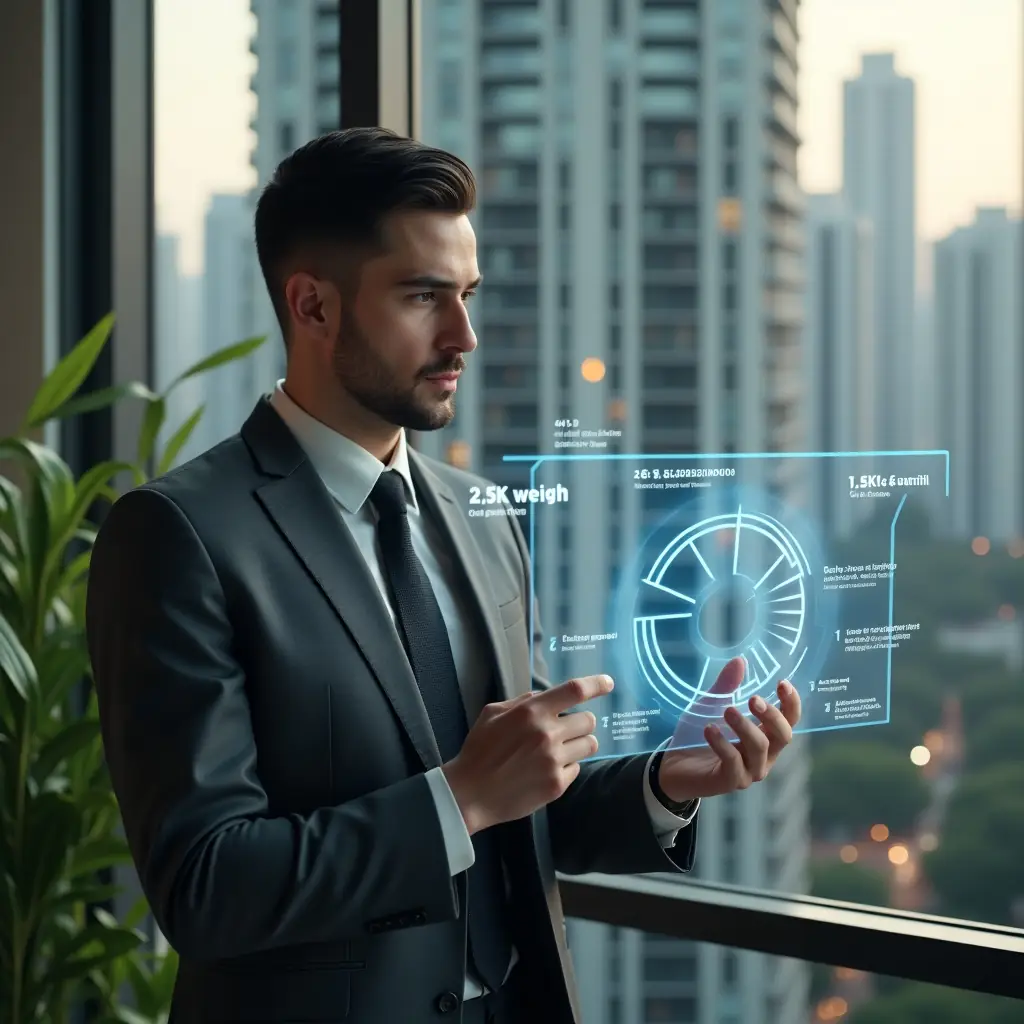 (Ultra-realistic condominium manager in a charcoal gray executive suit, set in a modern luxury condominium environment with high-rise buildings and lush greenery, examining a holographic pie chart of unit fractions and voting weights with a thoughtful expression, holographic fractional diagrams and financial icons floating beside them, cinematic lighting, shallow depth of field, highly detailed textures, realistic skin, photographic realism, 8k resolution --ar 1:1 --v 6)